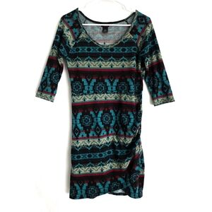 Rue21 Aztec Tribal Print V-Neck Teal & Black Knit Dress L